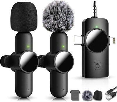 3-in-1 Wireless Mini Lavalier Microphone Set iPhone Android Camera USB-C Black