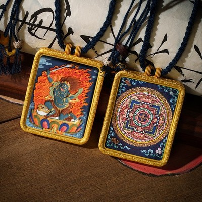 2'' Xizang Monastic blessing Black gold Thangka Don't touch the Ming king pendant