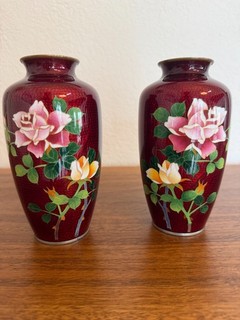 Pair Japanese Pigeon Blood Red Ginbari Cloisonné Roses Vases 6 1/2 Inches Tall