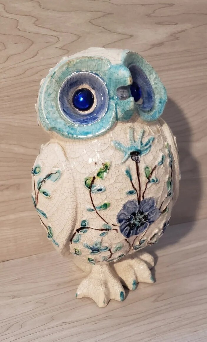 Alvino Bagni Ceramic Owl Italian Pottery Blue Floral Crackle Glaze