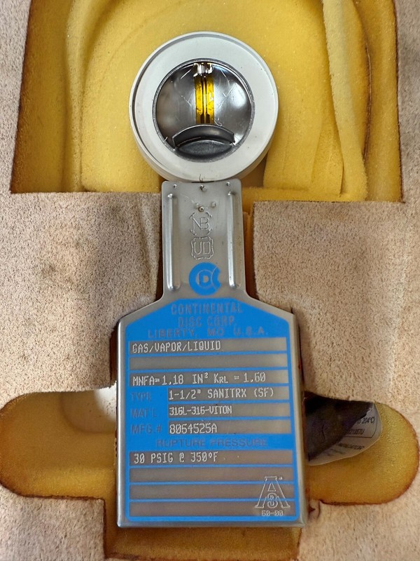Continental  Santrx SF Rupture Disc 1.5" TC  30psi @ 350 F, 316L/FEP New w/CERT