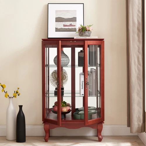 3-Tier Curio Cabinet w/ 2 Tempered Glass Doors,Lighted Display Cabinet for Home - Picture 19 of 38