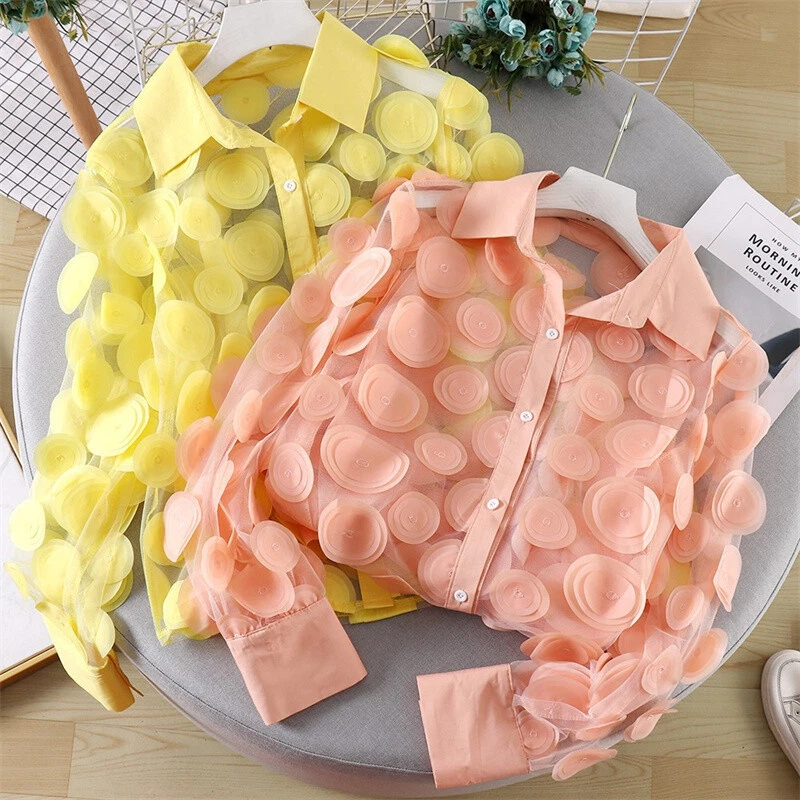 Tops Puff Sleeve Sheer Polka Dot 3D Women Mesh Chiffon Shirt Blouse - Imagem 3 de 4