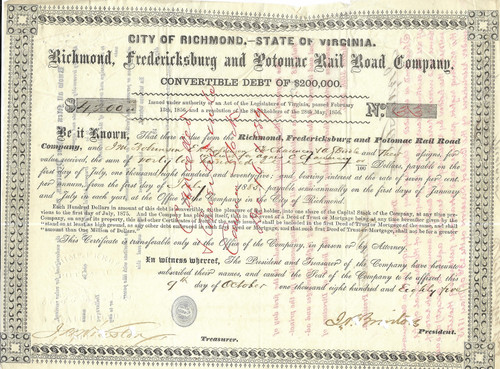 1885 RICMOND, FEDERICKSBURG & POTOMAC RAILROAD CO, Stock Certificate -- RARE