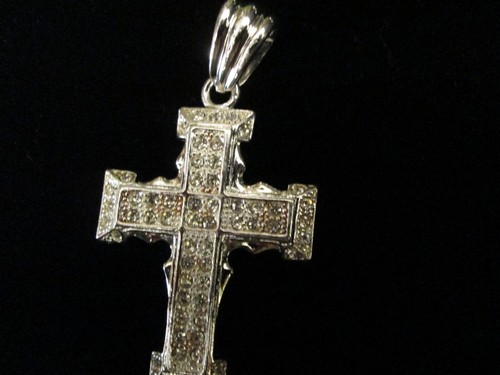 Hip Hop Silvertone Cross Pendant, 2", CZ Stones, New - Picture 5 of 6