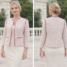 DAXON Tweed Cotton Rich Smart Jacket UK 12 60s Vintage Style Pink Cream Blazer