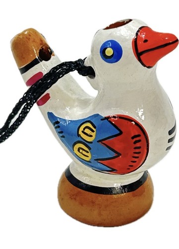 Vintage Hand Painted Ceramic Bird Whistle Folk Art Clay Figurine With Cord