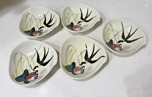Vintage MCM SET OF 5 Red Wing Capistrano Hand Painted Pottery Coupe Bowls 5.75"
