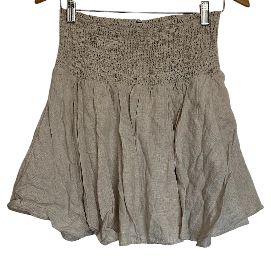 J. Crew Smocked Waist 100% Linen Mini Skirt Size L Beige Preppy Flowy Drop Waist