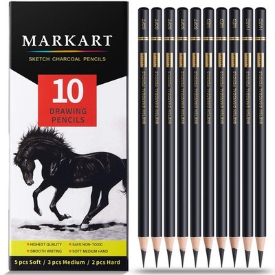 MARKART Professional Charcoal Pencils Drawing Set - 10 Pieces Soft Medium and...