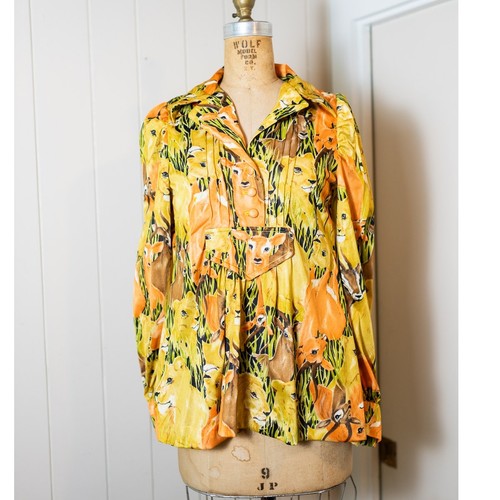 Blusa túnica safari vintage años 70 estampado animal, naranja amarilla funky hippie, M - Imagen 6 de 10