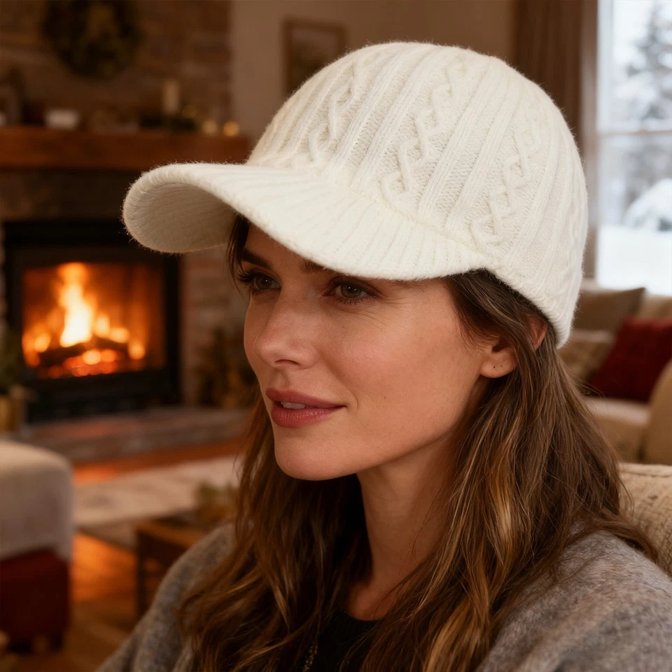 Mujeres Gorra de Béisbol Tejida Invierno Cálido Gorro Sombrero con Ala Exterior Ajustable Foto 4 de 4
