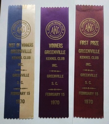 AKC Greenville, South Carolina Kennel Club 1970, Lot of 3 Ribbons