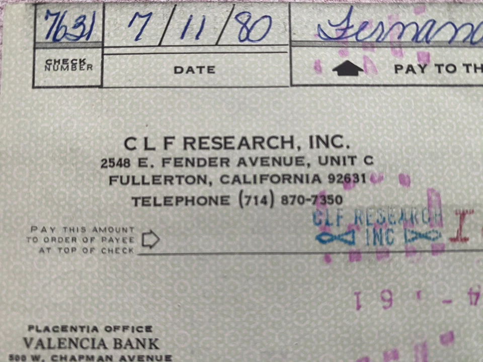 1980 George Fullerton Signed Check CLF Research G&L Leo Fender - Image 3 of 4