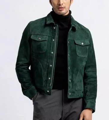 Herren Grün Wildleder Lederjacke - 100% Reines Wildleder Cafe Racer Moto...