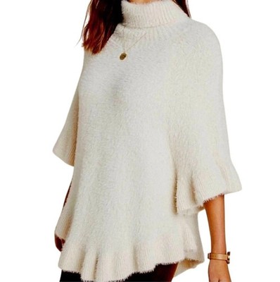 Women 's Anthropologie AKEMI KIN Falling Snow Ivory Eyelash Fuzzy Poncho Size OS