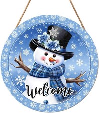 Welcome Winter Snowman Blue Sign for Front Door Christmas Snowflake Wood Door
