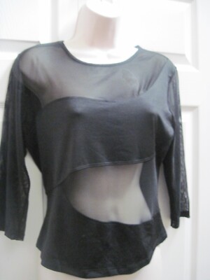 MKM Women's Large Black Sexy Top Semi Panels Vintage 3/4 Length Sleeves