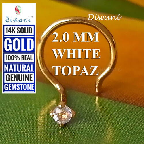 2.0mm Natural White Topaz Engagement Wedding Nose Pin Piercing Ring 14k Gold - Foto 1 di 13