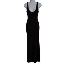 Allfenix Black Ribbed Low V-Neck Bodycon Goth Shapewear Club Dress Small