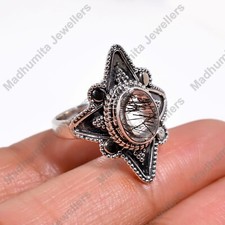 Black Rutilated Quartz Gemstone 925 Sterling Silver Handmade Design Ring Women