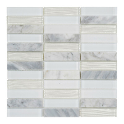White Carrara Marble Mosaic Tile Wave Cold Spray Glass Stacked Wall Backsplash