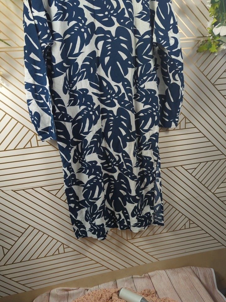 MIKOH Women's Hawaiian Floral Blue White Dress Cover Up Long Sleeve