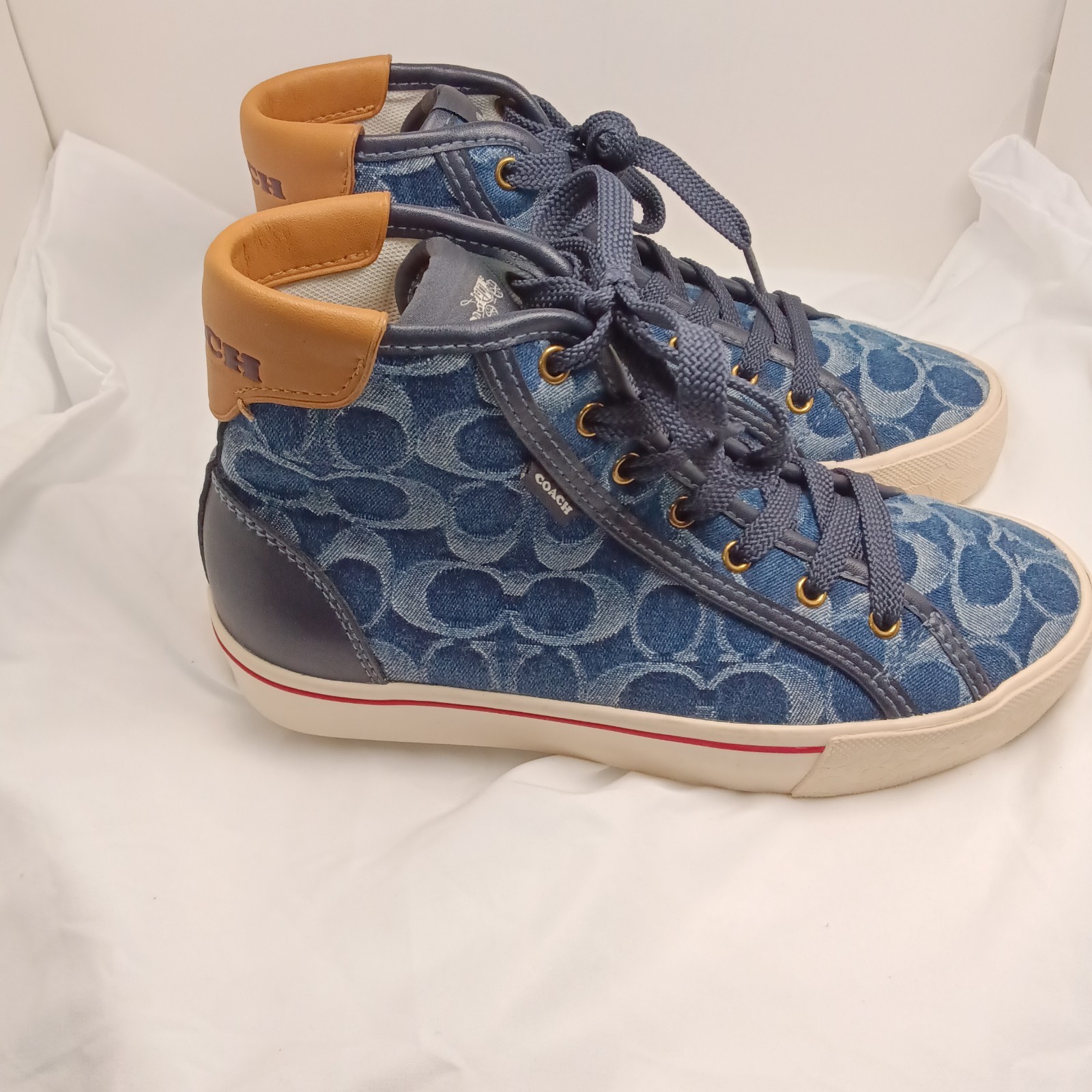 Coach Sneakers Women HighTop Signature Demim Canvas Leather Trim Lace Up Size 6