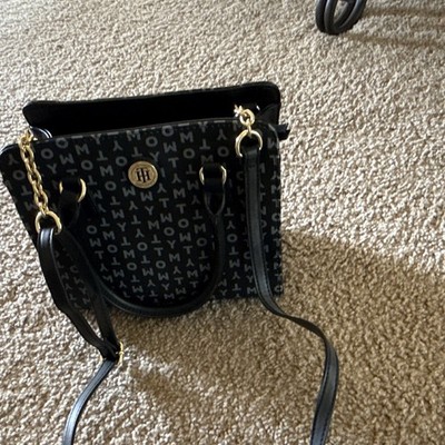 Tommy Hilfiger Black Monogram Satchel Top Handle w/ Detachable Strap Chain