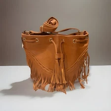 Urban Lux Cognac Fringe Bucket Bag Faux Leather Drawstring Boho Western NWT