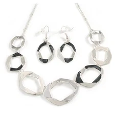 Metallic Silver/Black Enamel Graduated Link Necklace And Stud Earring Set in