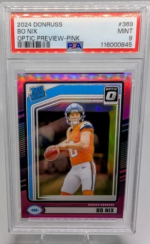 PSA 9 2024 Panini Donruss Rated Rookie Bo Nix #369 Optic Preview Pink Prizm (RC)