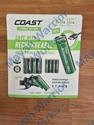 Coast USB-C Rechargeable Batteries, ZITHION-X, Lithium Ion 8 Pack (4 AA & 4 AAA)