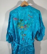 Vtg GOLDEN BEE Kimono Robe Womens Hand Embroidered Silky Satin Rayon Belted OS