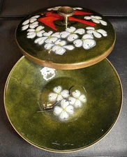 VTG~ RATCLIFF STUDIO, GA. ~ Copper Green Glazed Enamel Lidded Dogwood Cardinal