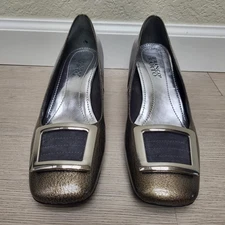 Franco Sarto Pumps Womens 9M Square Toe Mettalic Pewter Silver Buckle 2008