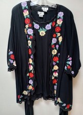 Bali Emerald Womans 3 Pc Set Jacket top Pants 2XL Black, Embroidered Floral