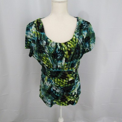 Alfani Shirt Top Blouse Pullover Scoop Neck Womens XL Blue Green Ruched Waist