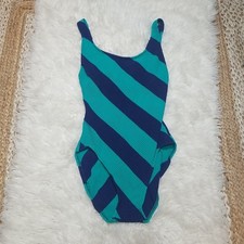 Vintage 60s/70s Robby Len Union Made Navy and Teal Striped One-Piece Swimsuit