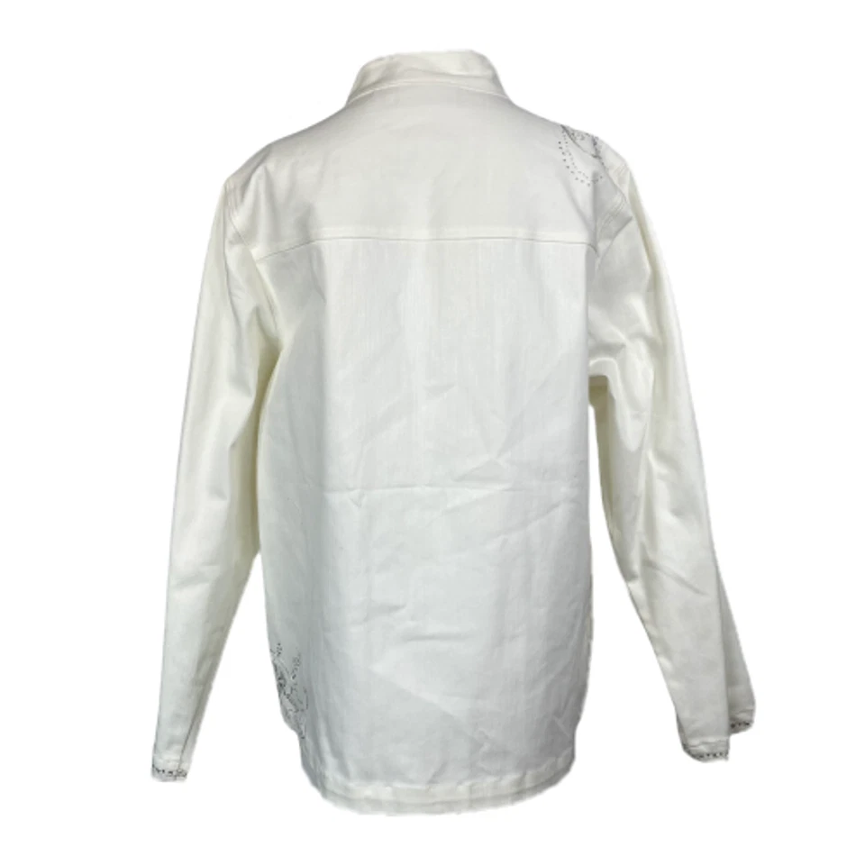 New Quacker Factory Jacket Womens Sz M White Jean Cotton Embroidered Rhinestone - Image 4 of 4
