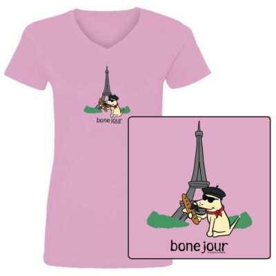 Teddy the Dog T Shirt Bone Jour Ladies V Neck Tee Bonjour Eiffel Tower Paris Ltd