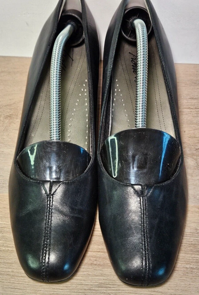 Zapatos de vestir para mujer de cuero negro de tacón bajo sin cordones punta cuadrada talla 8 Foto 2 de 4