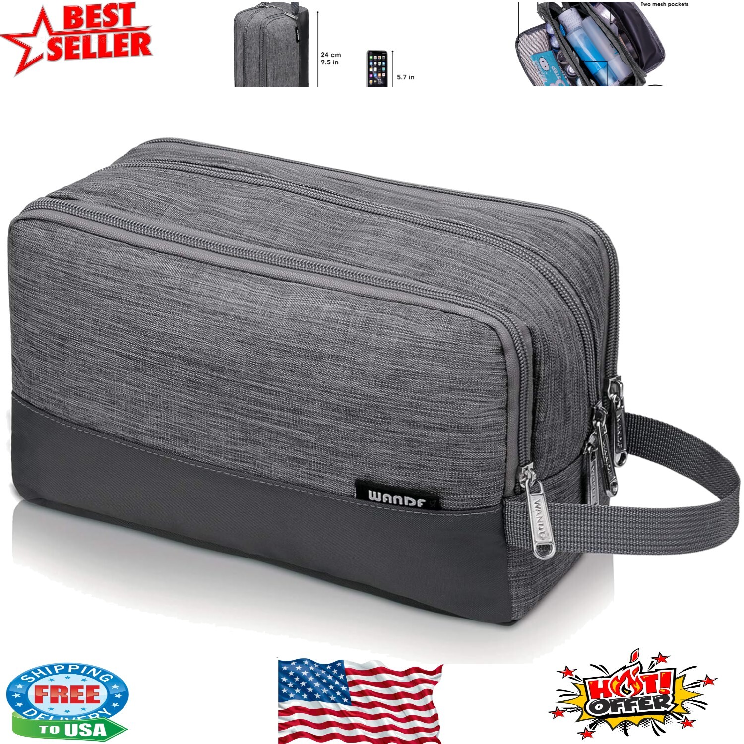 Water-Resistant Hanging Dopp Kit - Luxury Toiletry Bag for Travel - Denim Grey
