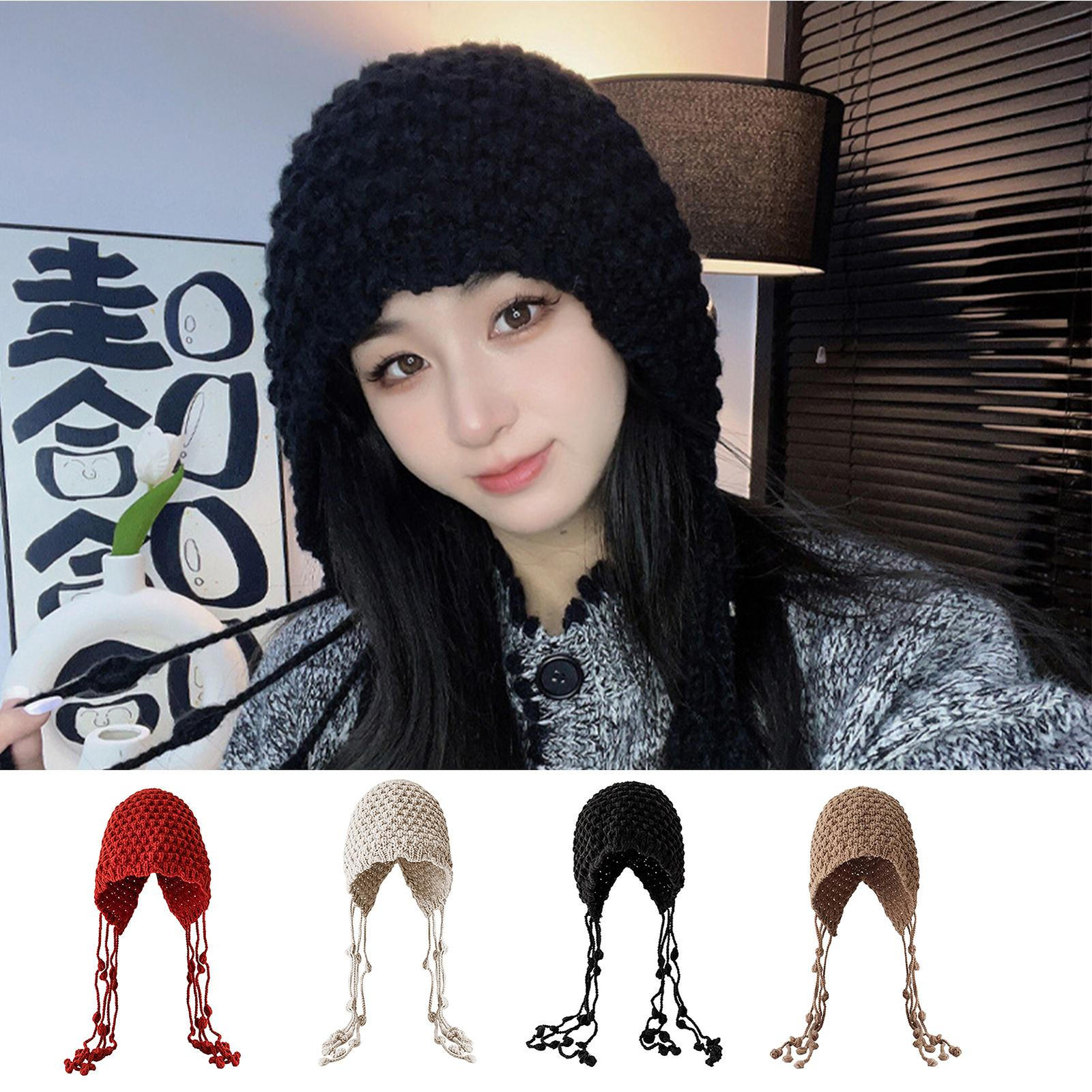 Ear Flap Tassel Knitted Beanie for Women - Cozy Winter Warm Hat-image