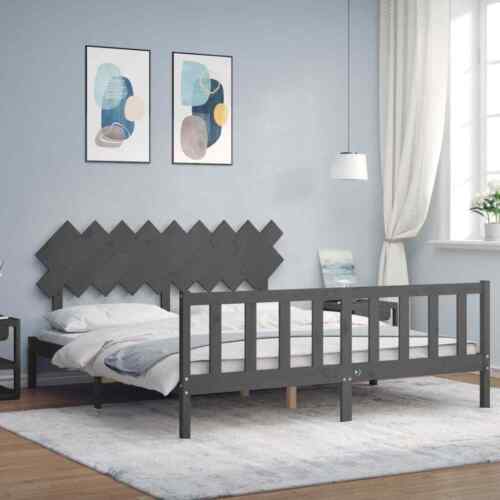 vidaXL Bed Frame with Headboard Grey Super King Size Solid Wood Durable