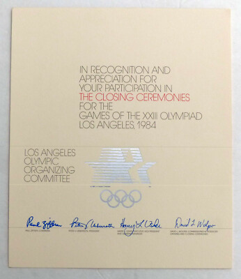 1984 Los Angeles OLYMPICS LAOOC participation certificate, CLOSING CEREMONIES. 