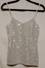 Glam Sequin Tank Cami Silver Cream Adjustable Strap XS Pretty Shimmer