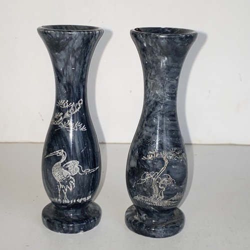 Vintage Black & Gray Marble Bud Vase Pair with Hand Etched Asian Design - Picture 2 of 19