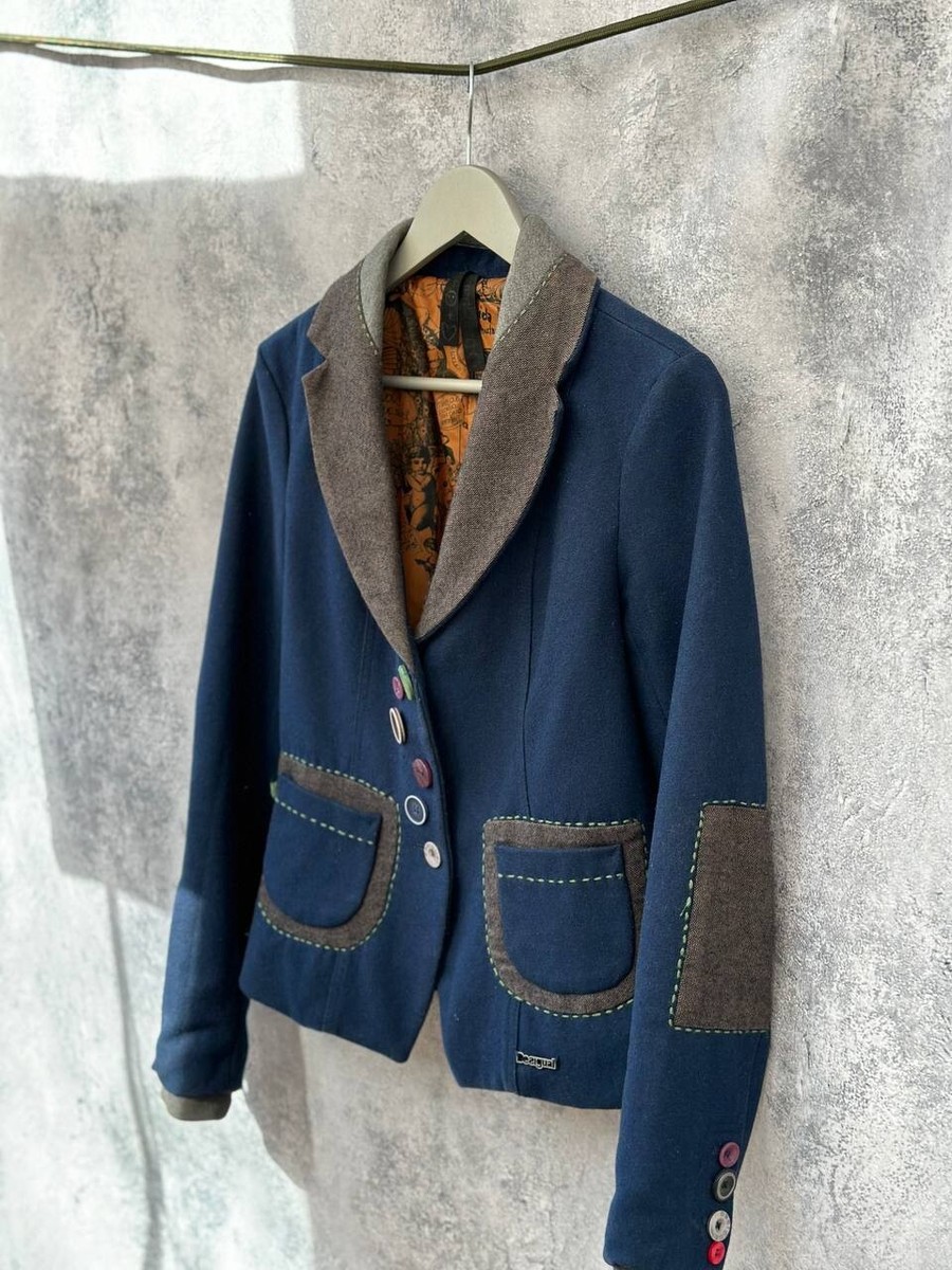 Desigual Patchwork Wool Blazer Navy Blue with Graphic Lining Women's Size 36