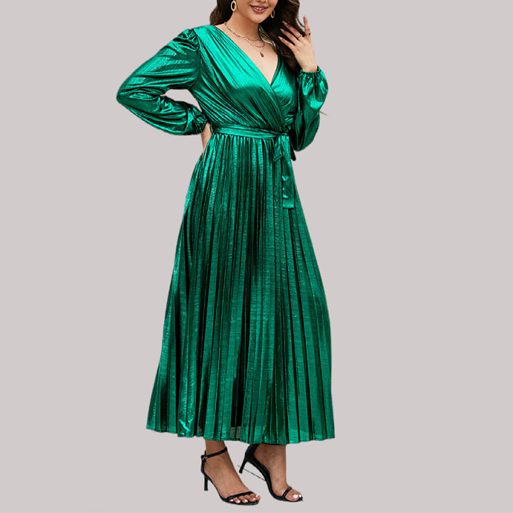 Women Glitter Shiny Maxi Dress V Neck Long Sleeve Evening Party Wrap